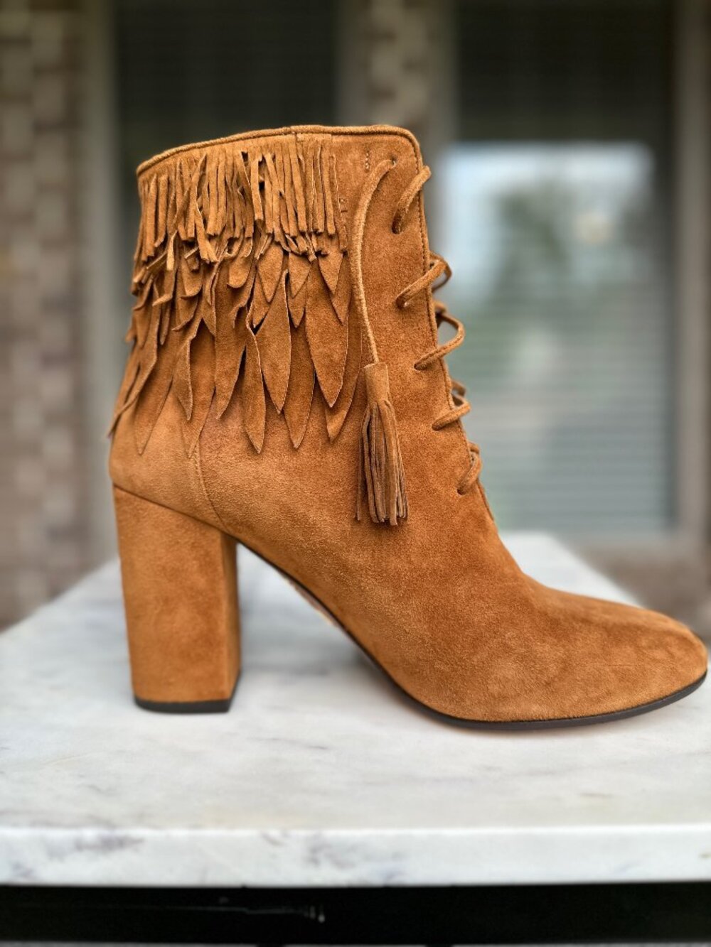 Aquazzura Woodstock Fringe LaceUp Bootie Cognac Suede Boho Italy EU 38.5 7 - 7.5